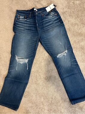 Re/Done Distressed Dark Blue Straight Jeans
